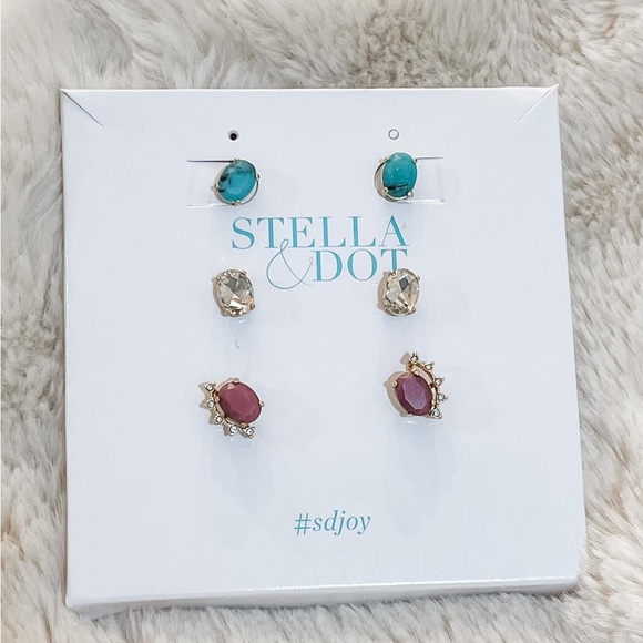 STELLA&DOT Halo Candy Oval stud earring set, gold/green/red - Picture 6 of 6